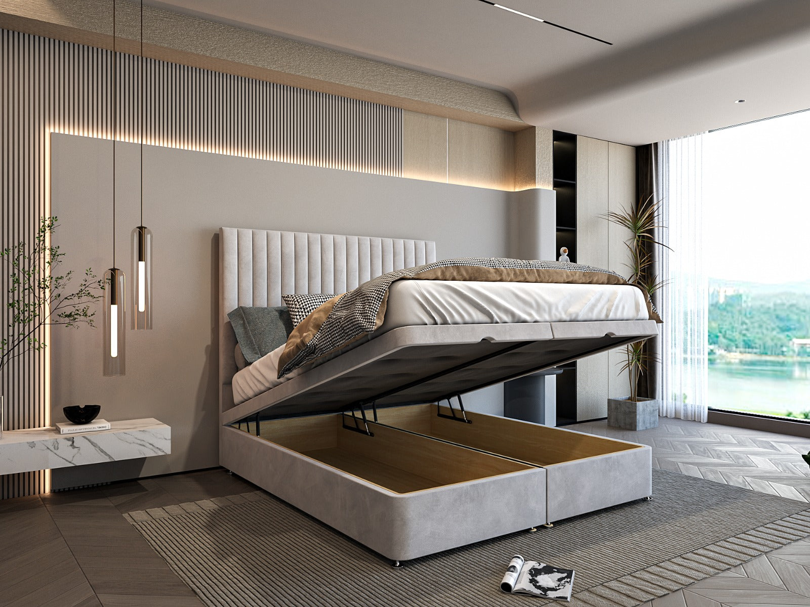 Echelon Ottoman Divan Storage Bed With Multi-Panel Headboard Finish