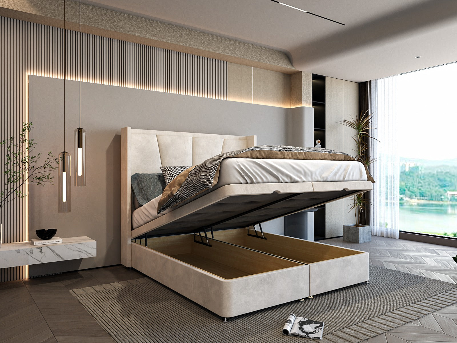 Aurevo Ottoman Divan Storage Bed With a Modern Winged Headboard