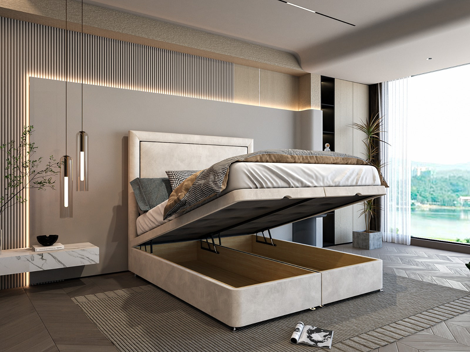 Velora Ottoman Divan Storage Bed With Bumper Beaded Headboard