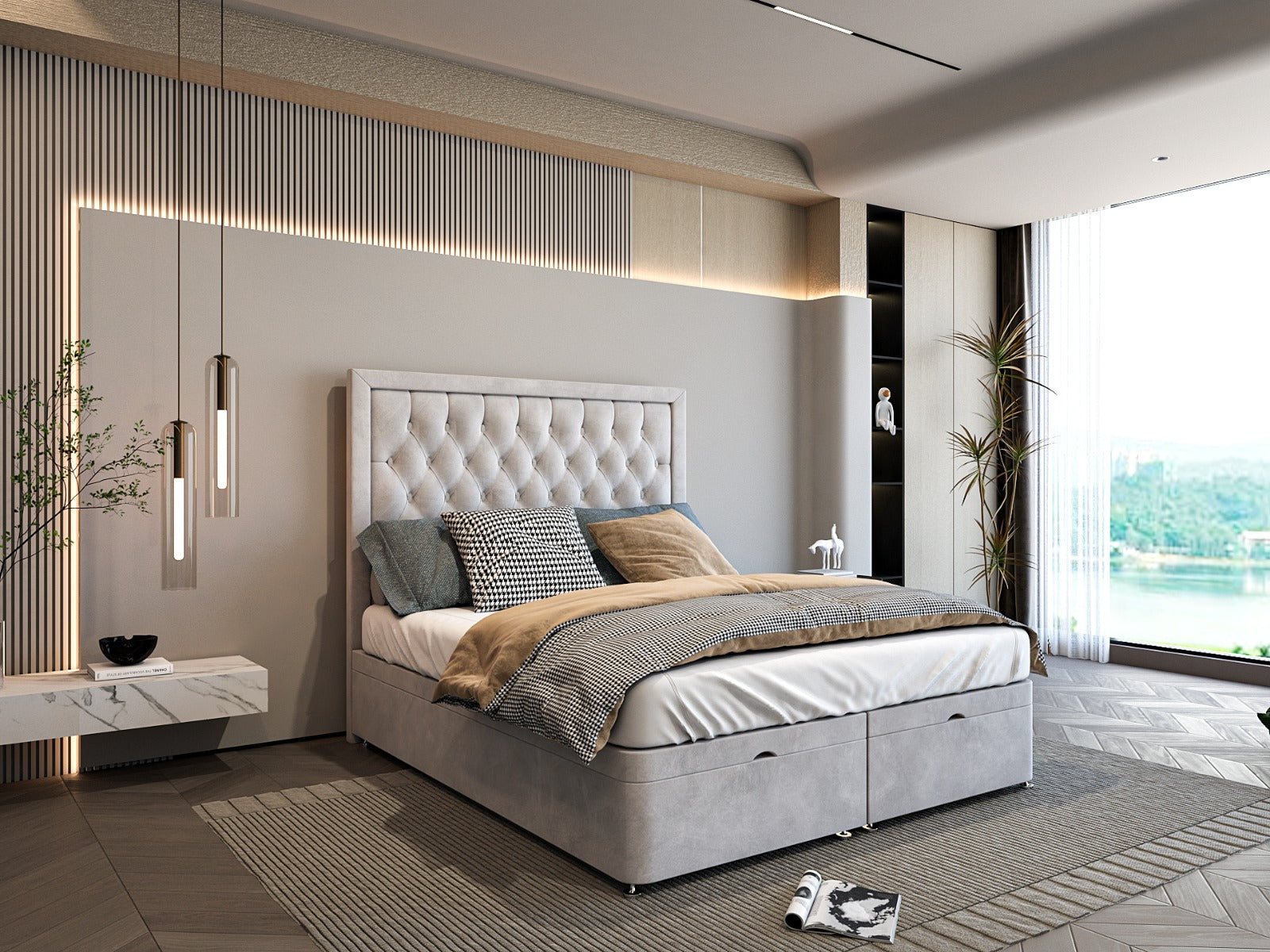 Cresta Ottoman Divan Storage Bed With Chesterfield Border Headboard