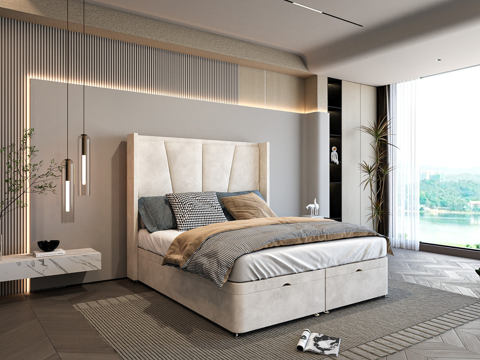 Aurevo Ottoman Divan Storage Bed With a Modern Winged Headboard