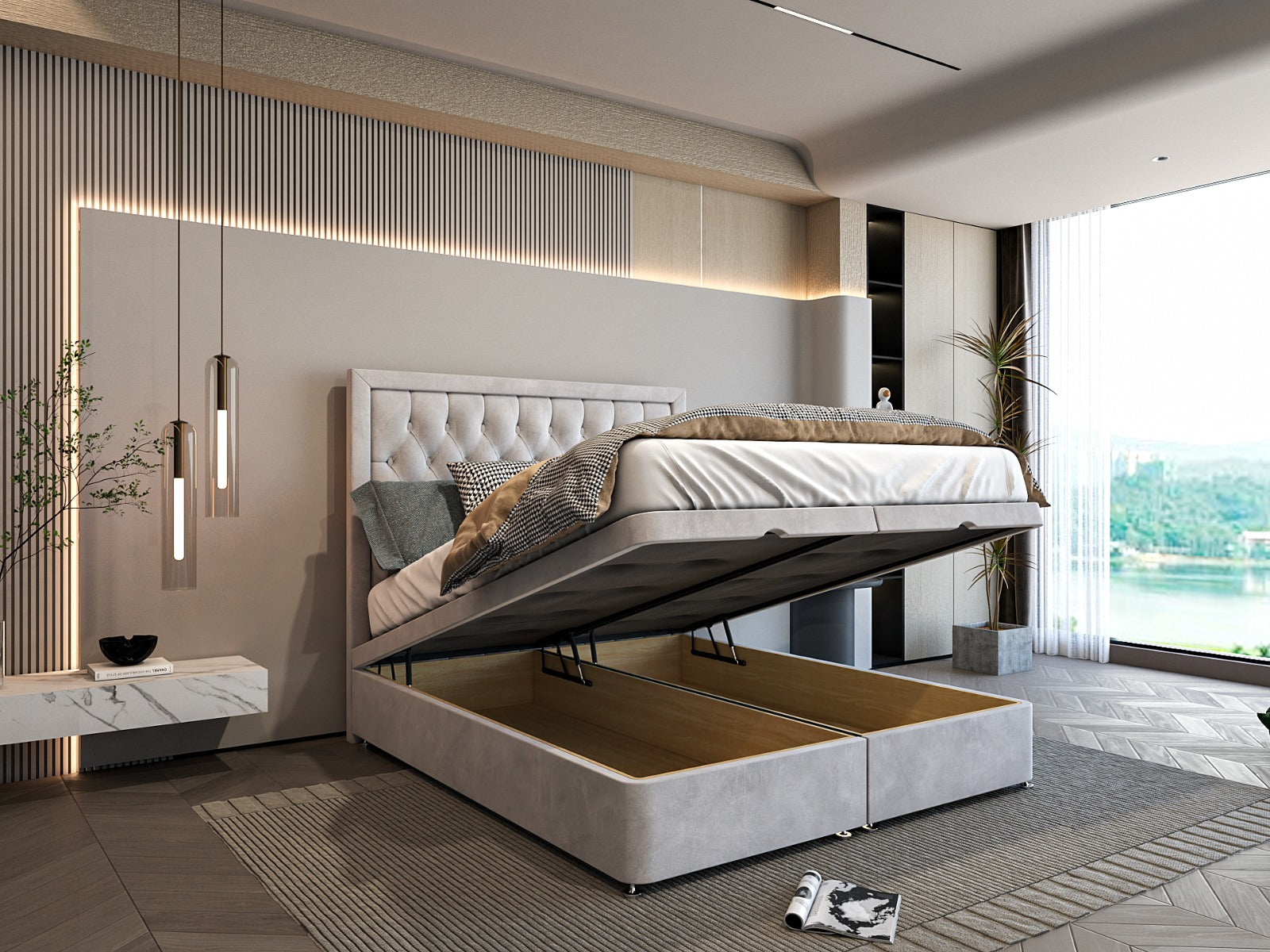 Cresta Ottoman Divan Storage Bed With Chesterfield Border Headboard