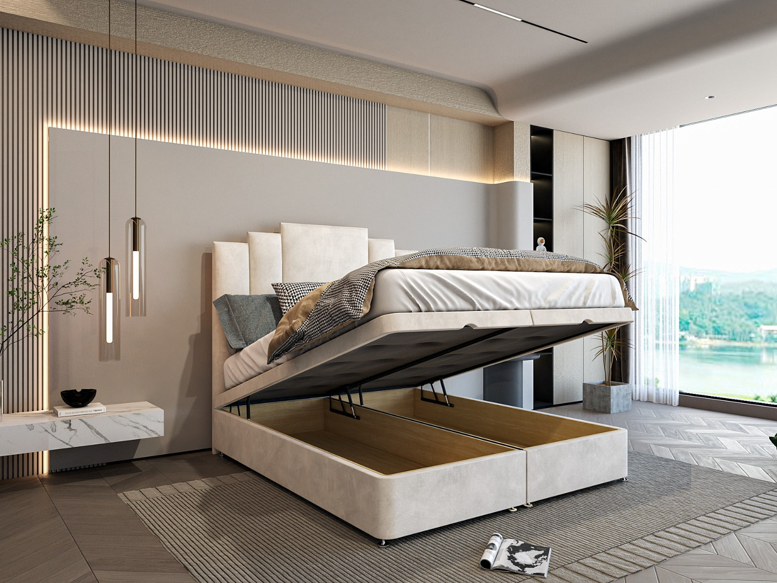 Opulift Ottoman Divan Storage Bed With Vertical Crown Panel Headboard