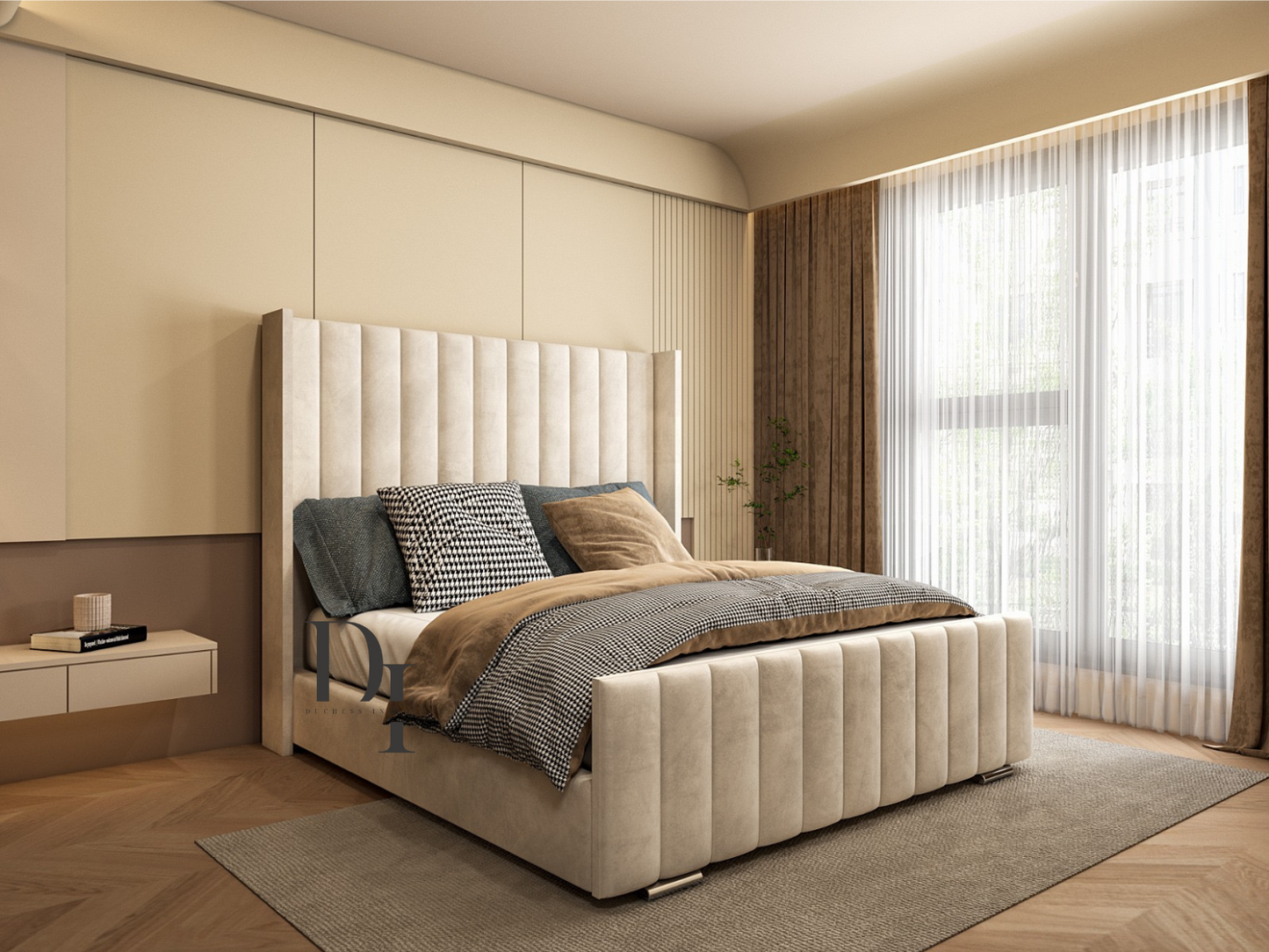 winged wingback bed frame cream plush