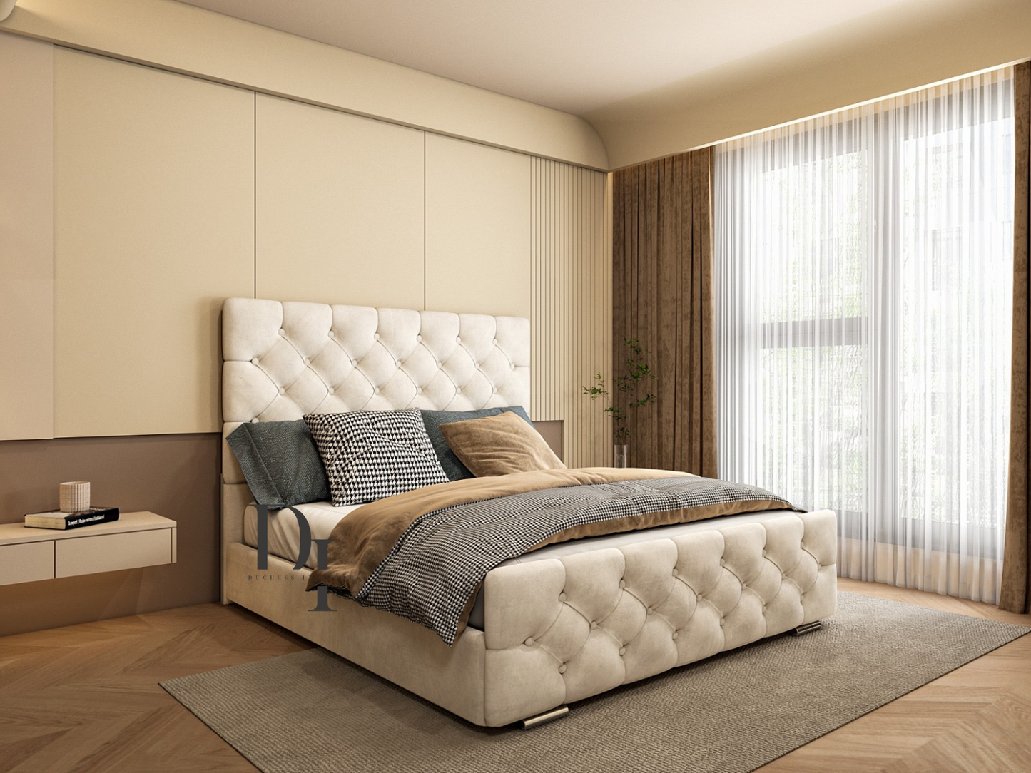 Monaco chesterfield bed frame in cream plush velvet with deep buttoned headboard and footboar