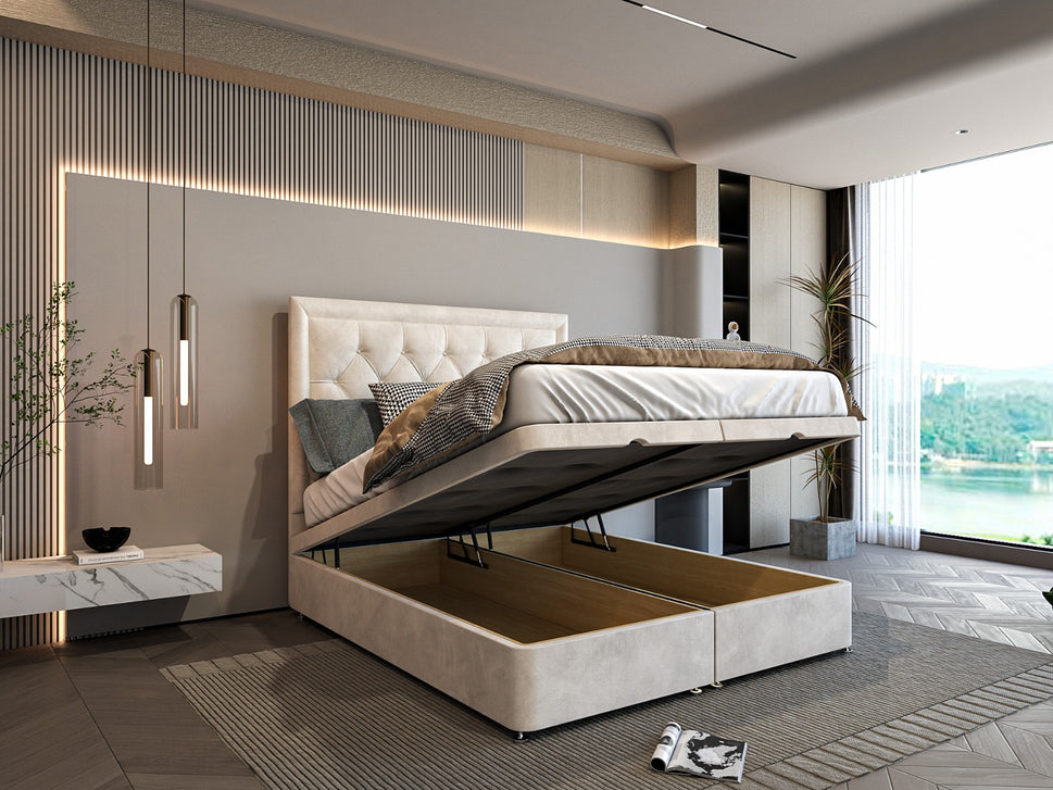 Lumora Ottoman Divan Storage Bed With Chesterfield Bumper Headboard