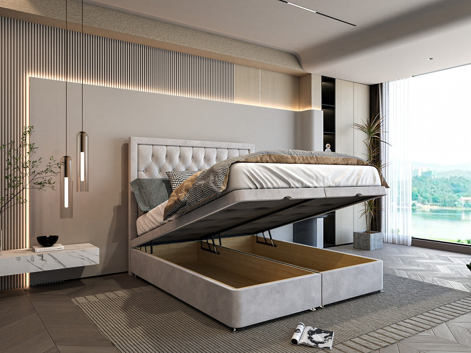 Cresta Ottoman Divan Storage Bed With Chesterfield Border Headboard